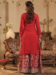 Maroon Embroidered Straight Kurta Palazzos With Dupatta Set