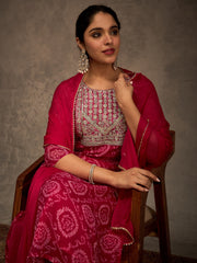 Pink Printed Straight Kurta Trousers With Dupatta set