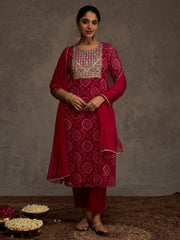 Pink Printed Straight Kurta Trousers With Dupatta set