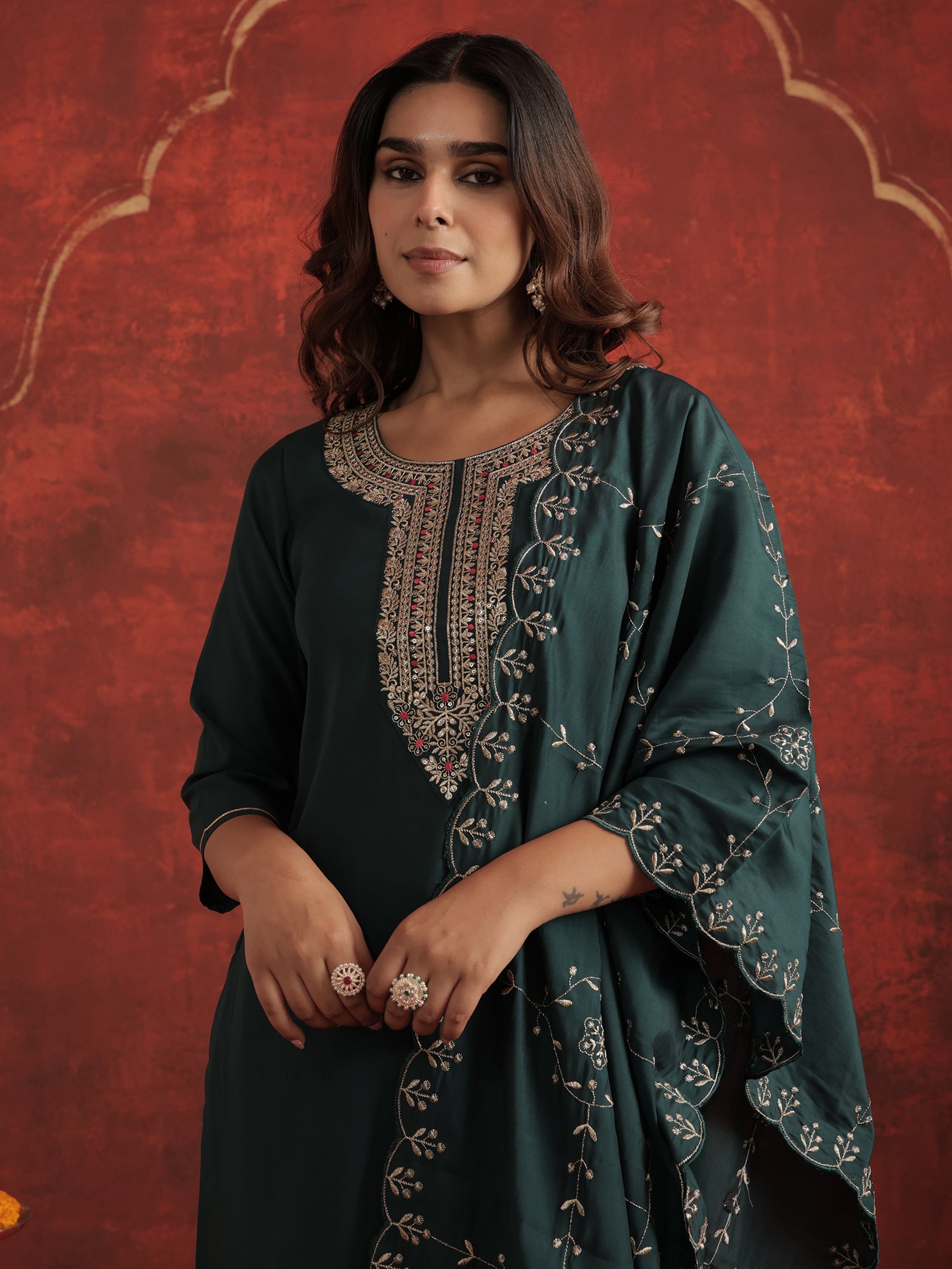 Green Embroidered Straight Kurta Trousers With Dupatta set