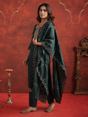 Green Embroidered Straight Kurta Trousers With Dupatta set