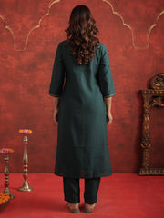Green Embroidered Straight Kurta Trousers With Dupatta set