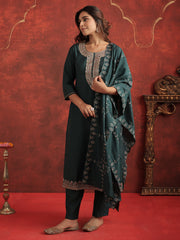 Green Embroidered Straight Kurta Trousers With Dupatta set