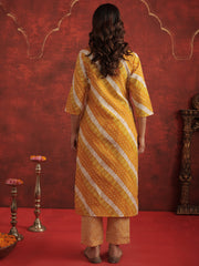 Mustard Printed Straight Kurta Trousers With Dupatta Set