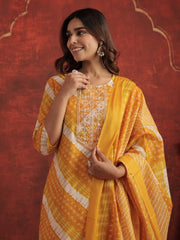 Mustard Printed Straight Kurta Trousers With Dupatta Set