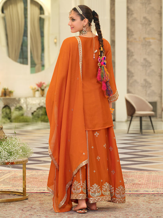 Orange Embroidered Straight Kurta Skirt With Dupatta set-ST9KH214