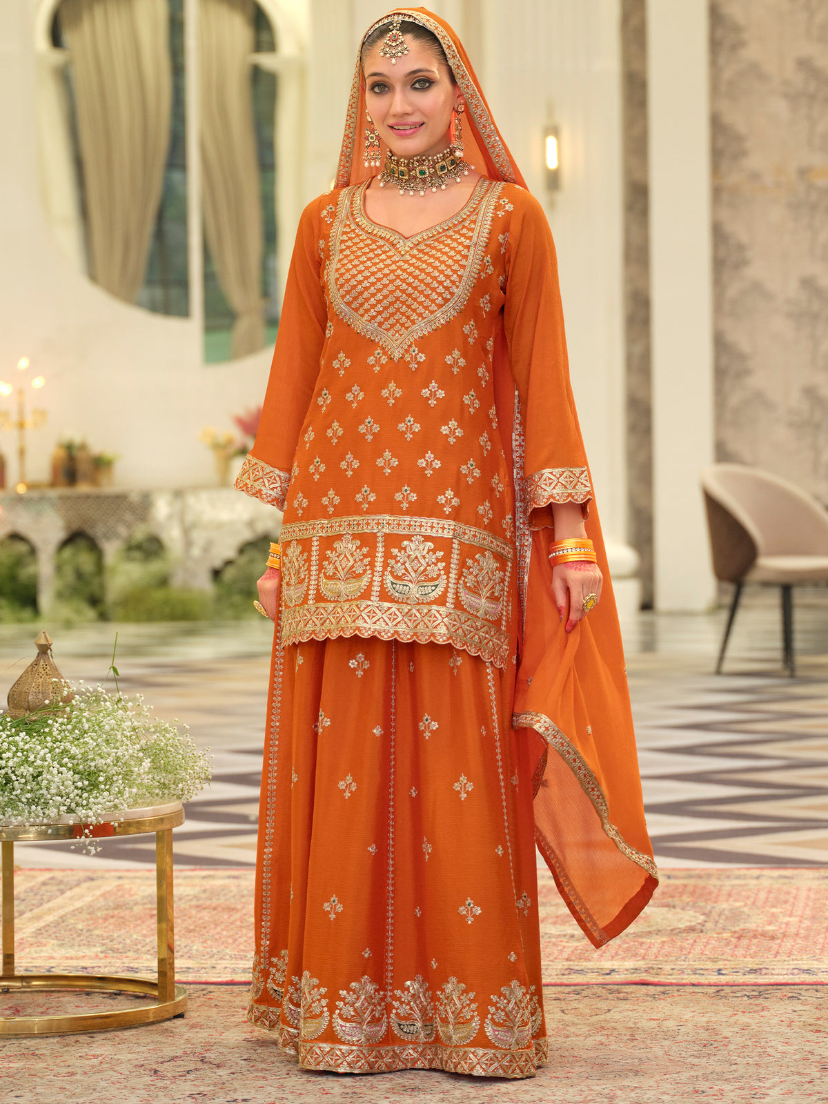 Orange Embroidered Straight Kurta Skirt With Dupatta set-ST9KH214