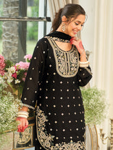 Black Embroidered Straight Kurta Palazzos With Dupatta set