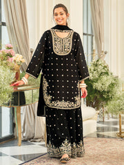 Black Embroidered Straight Kurta Palazzos With Dupatta set