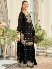 Black Embroidered Straight Kurta Palazzos With Dupatta set