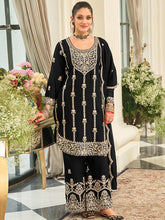 Black Embroidered Straight Kurta Palazzos With Dupatta set