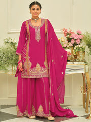 Pink Embroidered Straight Kurta Palazzos With Dupatta set