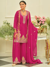 Pink Embroidered Straight Kurta Palazzos With Dupatta set