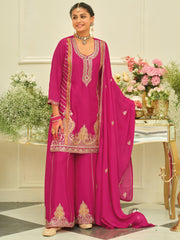 Pink Embroidered Straight Kurta Palazzos With Dupatta set