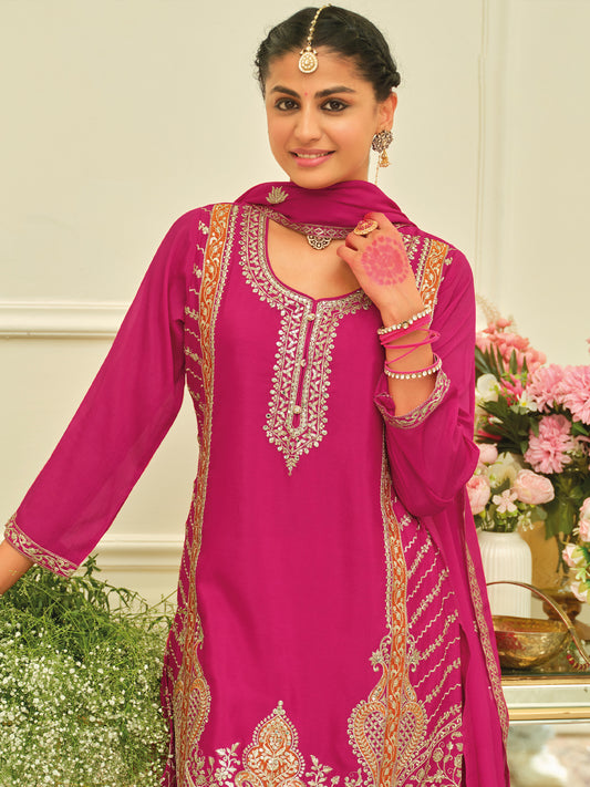 Pink Embroidered Straight Kurta Palazzos With Dupatta set