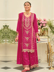 Pink Embroidered Straight Kurta Palazzos With Dupatta set