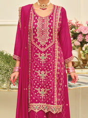 Pink Embroidered Straight Kurta Palazzos With Dupatta set
