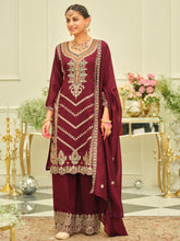 Maroon Embroidered Straight Kurta Palazzos With Dupatta set