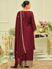 Maroon Embroidered Straight Kurta Palazzos With Dupatta set