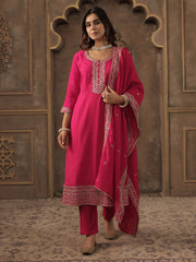 Pink Embroidered Straight Kurta Trousers With Dupatta set