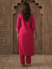 Pink Embroidered Straight Kurta Trousers With Dupatta set