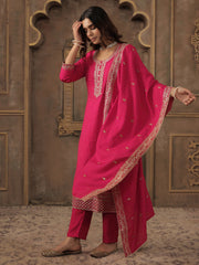 Pink Embroidered Straight Kurta Trousers With Dupatta set