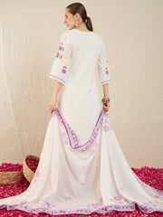 White Embroidered Straight Kurta Trousers With Dupatta Set