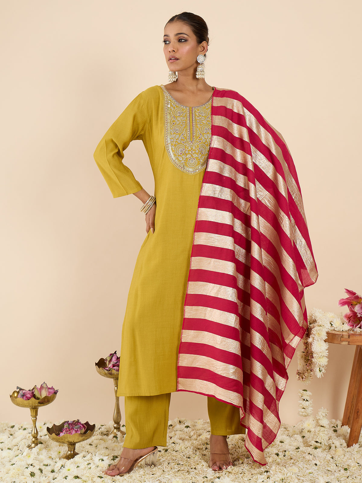 Yellow Embroidered Straight Kurta Trousers With Dupatta set-KH9YL12336