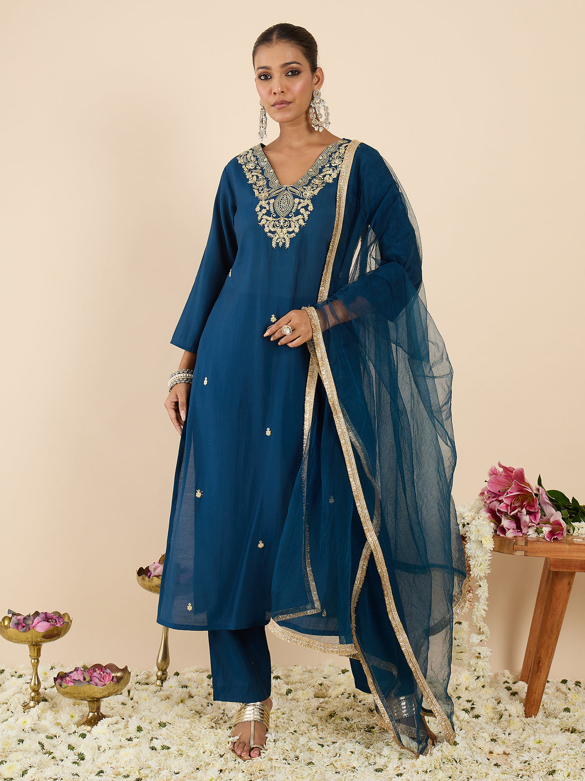 Teal Embroidered Straight Kurta Trousers With Dupatta set-KH9TL12334