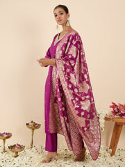 Purple Embroidered Straight Kurta Trousers With Dupatta set