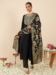 Black Embroidered Straight Kurta Trousers With Dupatta Set