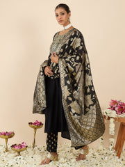 Black Embroidered Straight Kurta Trousers With Dupatta Set