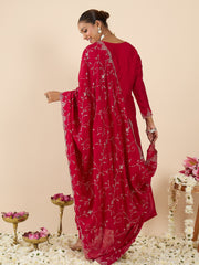 Pink Embroidered Straight Kurta Trousers With Dupatta set