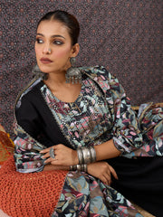 Black Printed Straight Kurta Trousers With Dupatta set