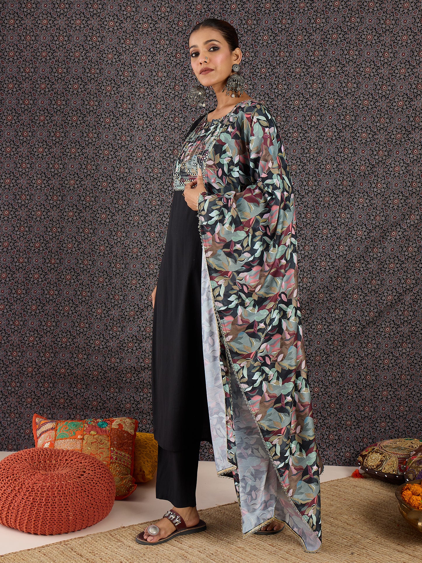 Black Printed Straight Kurta Trousers With Dupatta set