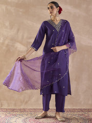 Purple Embroidered Straight Kurta Trousers With Dupatta set