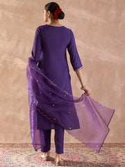 Purple Embroidered Straight Kurta Trousers With Dupatta set