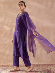 Purple Embroidered Straight Kurta Trousers With Dupatta set