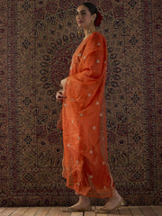Orange Embroidered Straight Kurta Trousers With Dupatta Set