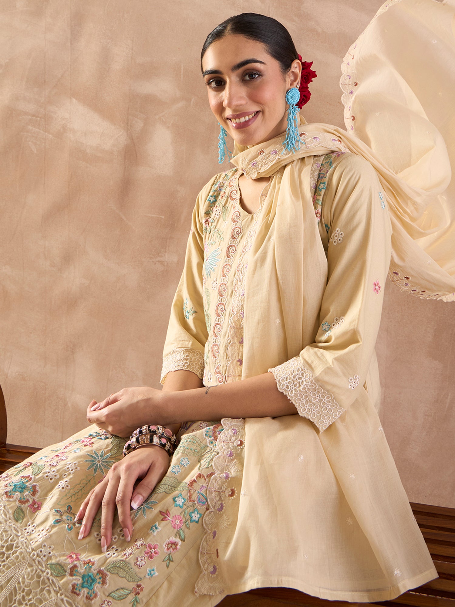 Beige Embroidered Straight Kurta Trousers With Dupatta Set