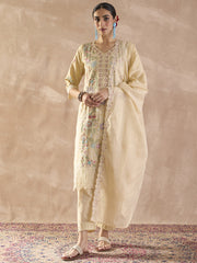 Beige Embroidered Straight Kurta Trousers With Dupatta Set