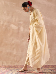 Beige Embroidered Straight Kurta Trousers With Dupatta Set