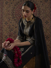 Black Embroidered Straight Kurta Trousers With Dupatta Set