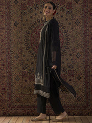 Black Embroidered Straight Kurta Trousers With Dupatta Set