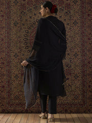 Black Embroidered Straight Kurta Trousers With Dupatta Set