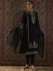 Black Embroidered Straight Kurta Trousers With Dupatta Set