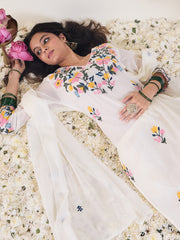 White Embroidered Straight Kurta Trousers With Dupatta Set