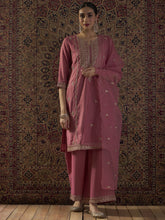 Pink Embroidered Straight Kurta Palazzos With Dupatta Set