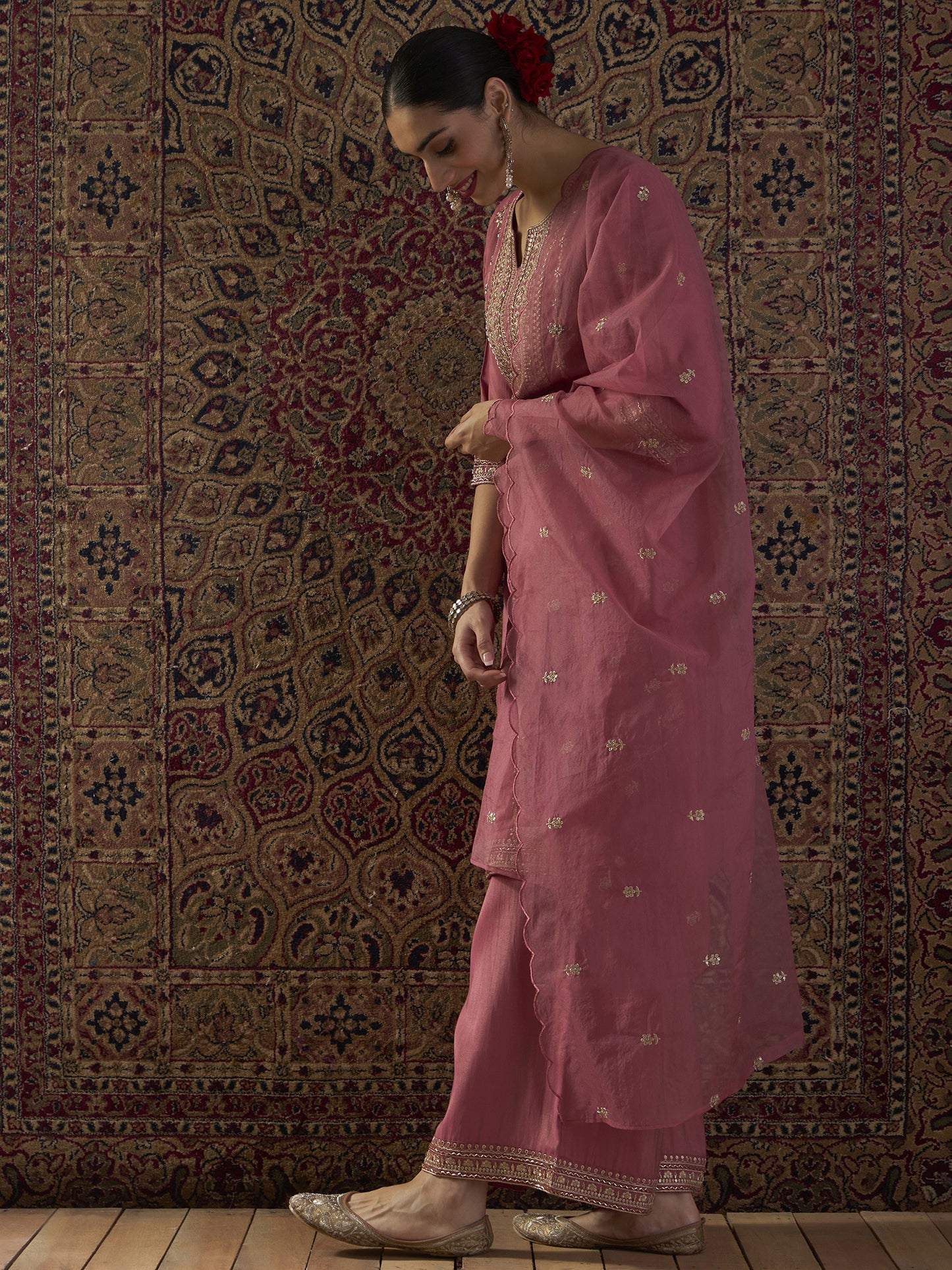 Pink Embroidered Straight Kurta Palazzos With Dupatta Set