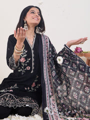 Black Embroidered Straight Kurta Trousers With Dupatta Set